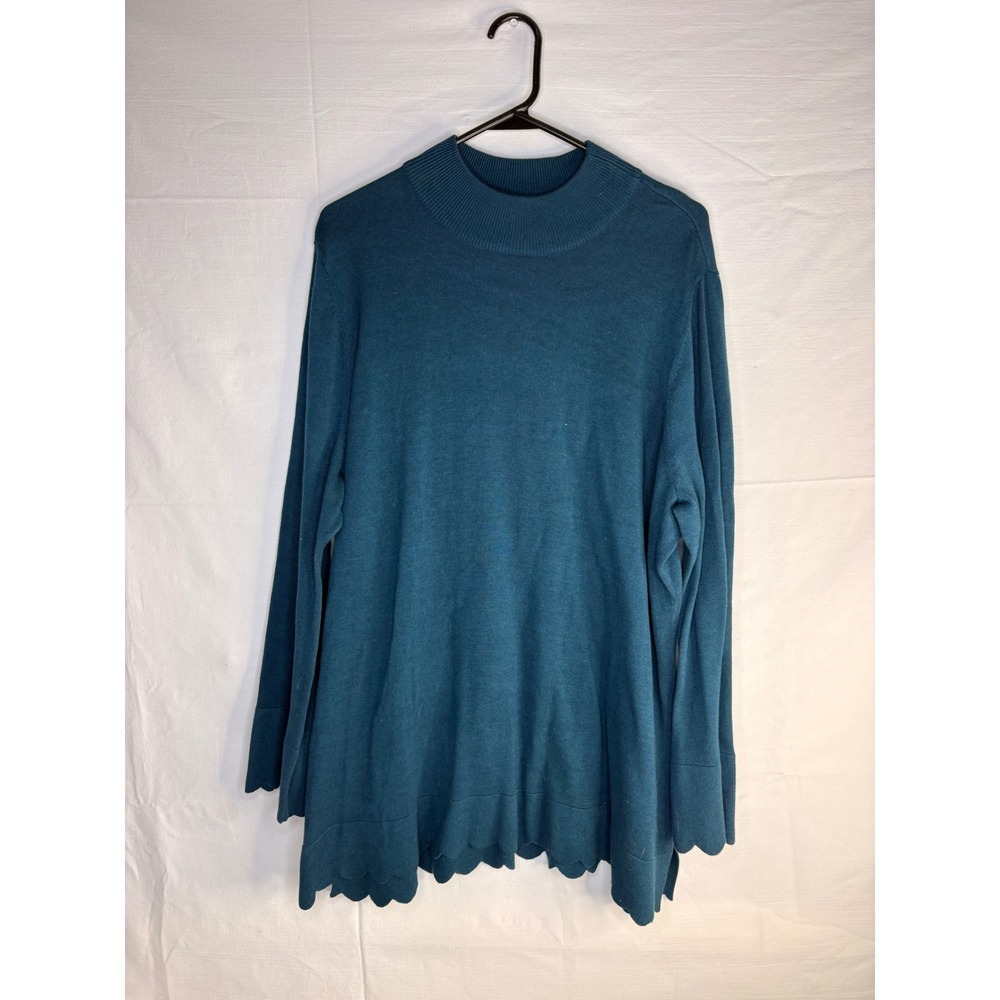 Isaac Mizrahi Live Womens XL Teal Mock Neck Scalloped Hem Knit Sweater Pullover